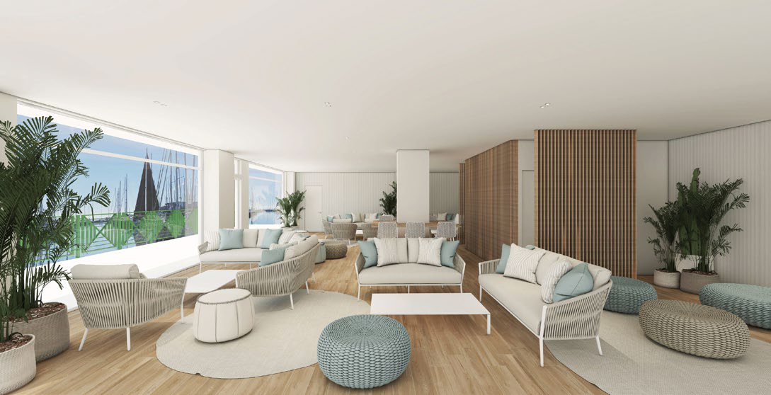 Render 3D di una lounge bianca con marina sullo sfondo