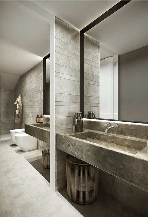 Render 3D di un bagno in cemento e marmo
